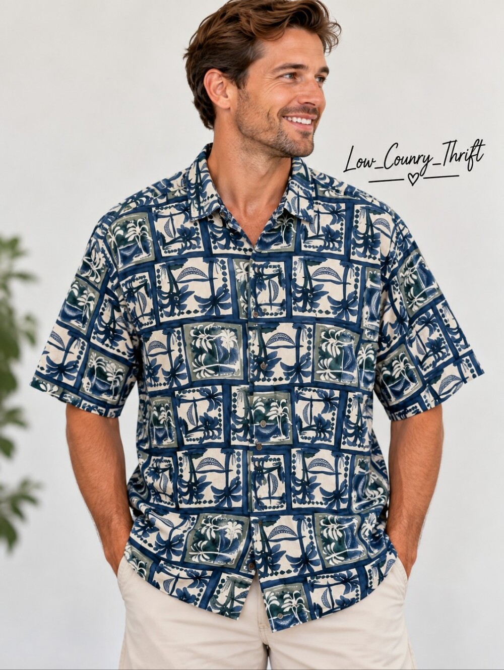 Vintage Campia Moda Men's Large Hawaiian Shirt Blue Palm Tree 100% Cotton